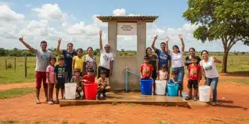 Comunidade brasileira acessando água potável de fonte sustentável.