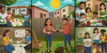 Membros da comunidade brasileira engajados em um projeto local, pintando um mural e plantando, simbolizando união e progresso.