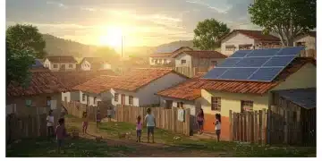 Comunidade brasileira com painéis solares nos telhados e pessoas interagindo, simbolizando a integração da energia solar.