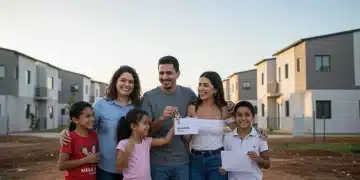 Família sorridente recebendo as chaves da nova casa pelo Programa Minha Casa, Minha Vida 2025, com um conjunto habitacional moderno ao fundo.