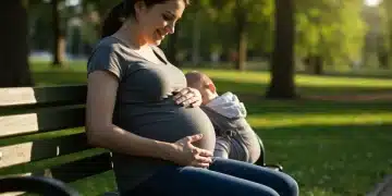 Mulher gestante sorrindo, com a mão na barriga, sentada em um banco de parque, com um bebê ao lado, simbolizando os benefícios sociais para mães.