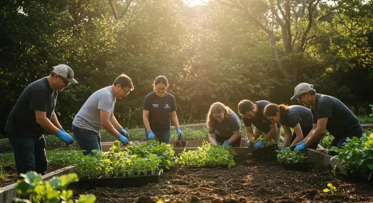 Grupo diverso de pessoas trabalhando juntas em uma horta comunitária, simbolizando um projeto bem-sucedido de inovação social.