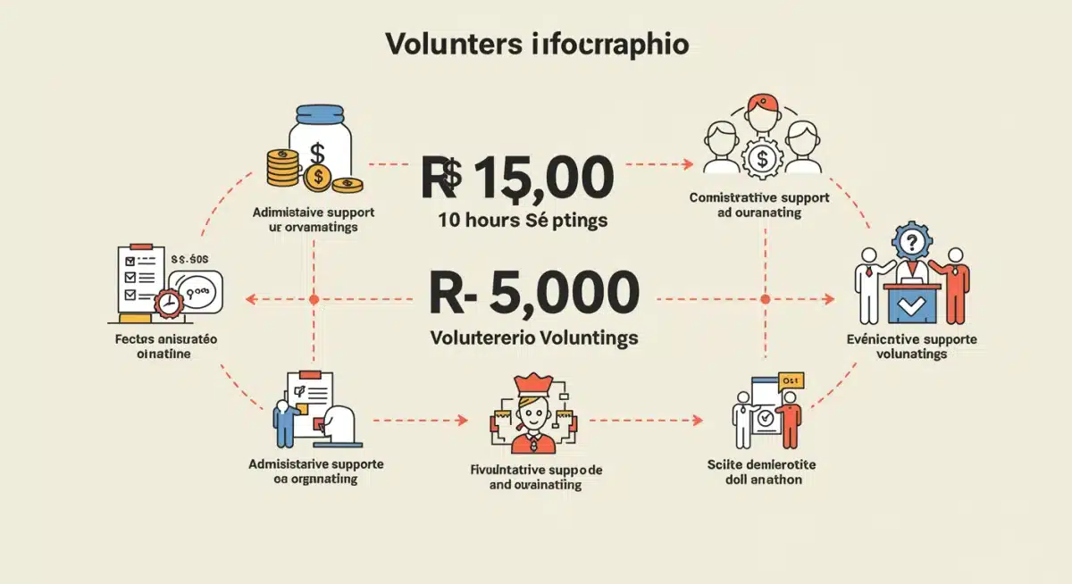 Infográfico detalhando a economia de R$ 15.000 para ONGs com 10 horas semanais de voluntariado, ilustrando diversas áreas de atuação voluntária.