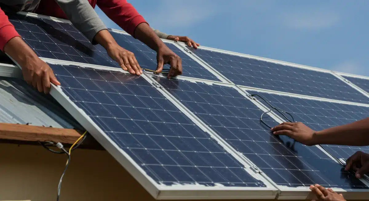 Moradores de uma comunidade instalando painéis solares em um telhado, com foco na participação e no aprendizado.