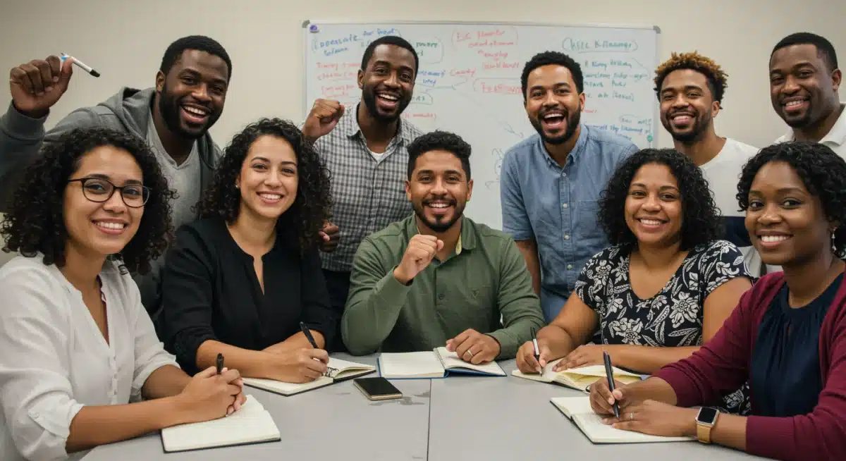 Líderes comunitários e pais em reunião, discutindo estratégias para programas de voluntariado educacional.