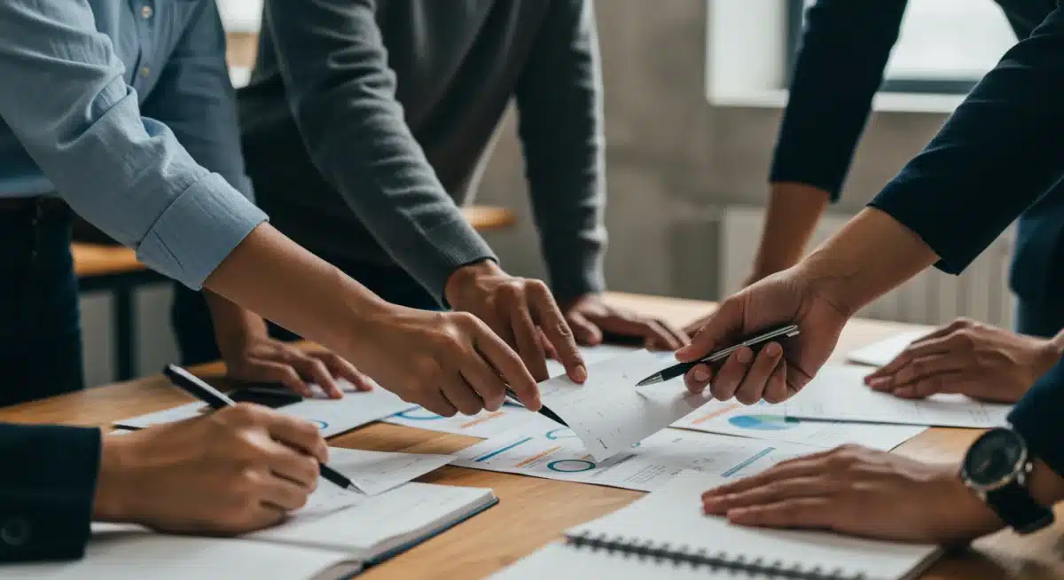 Mãos diversas colaborando na mesa, trabalhando em documentos e planos, simbolizando a união e o esforço conjunto na preparação de projetos para editais de financiamento.