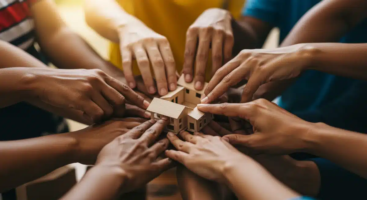 Mãos diversas de diferentes gerações e etnias trabalhando juntas, simbolizando a colaboração em projetos comunitários.