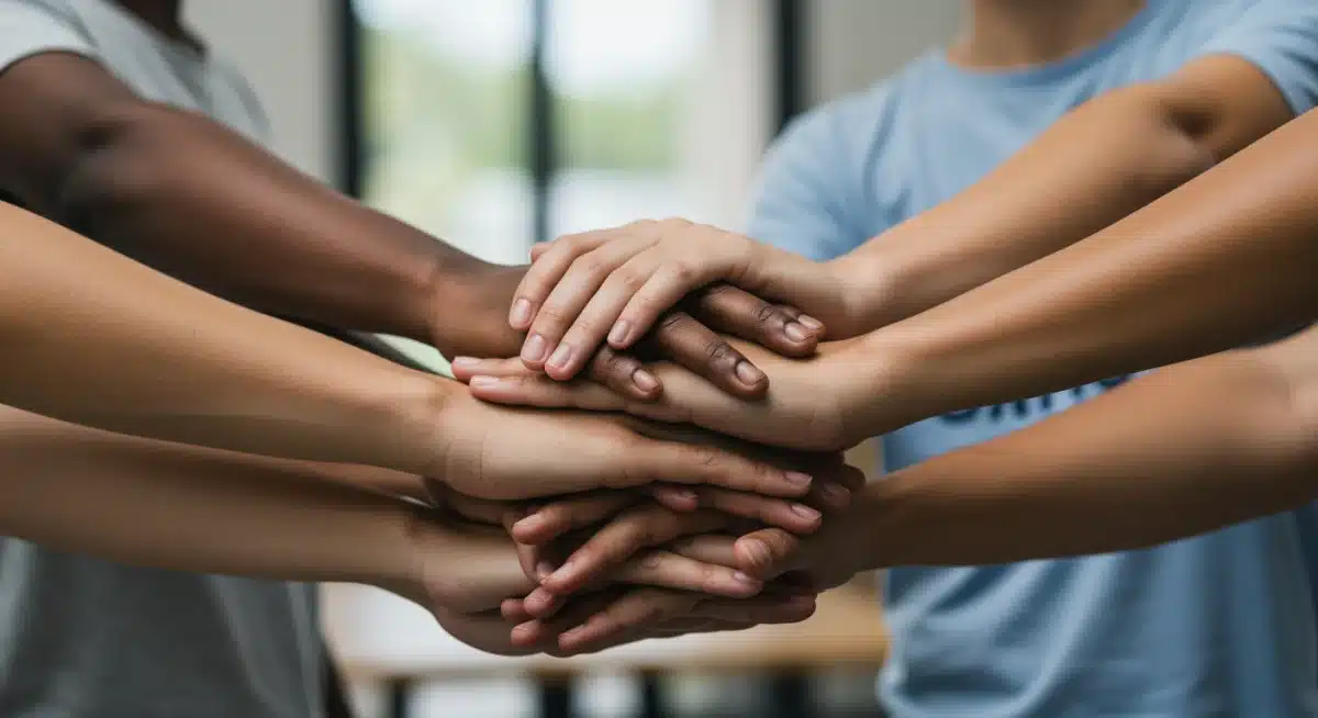 Mãos unidas de voluntários, simbolizando conexão e trabalho em equipe.