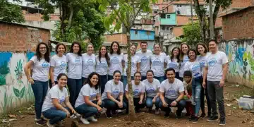 Voluntários corporativos engajados em um projeto comunitário no Brasil, plantando árvores e pintando um mural com crianças da comunidade.