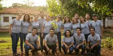 Voluntários brasileiros engajados em projeto comunitário, simbolizando união e impacto social.