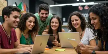 Voluntários digitais brasileiros colaborando em computadores e tablets, simbolizando o engajamento social online e a conexão entre ONGs e a população.