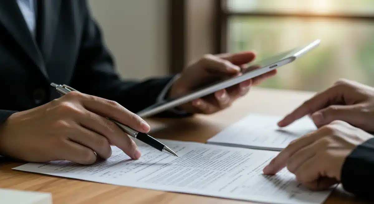 Pessoas analisando documentos legais e tablets sobre regulamentações fiscais.