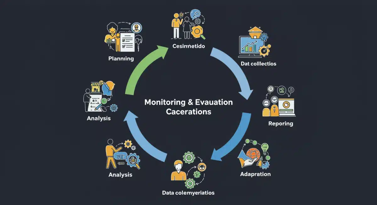 Infográfico detalhado sobre o ciclo de monitoramento e avaliação em projetos sociais.