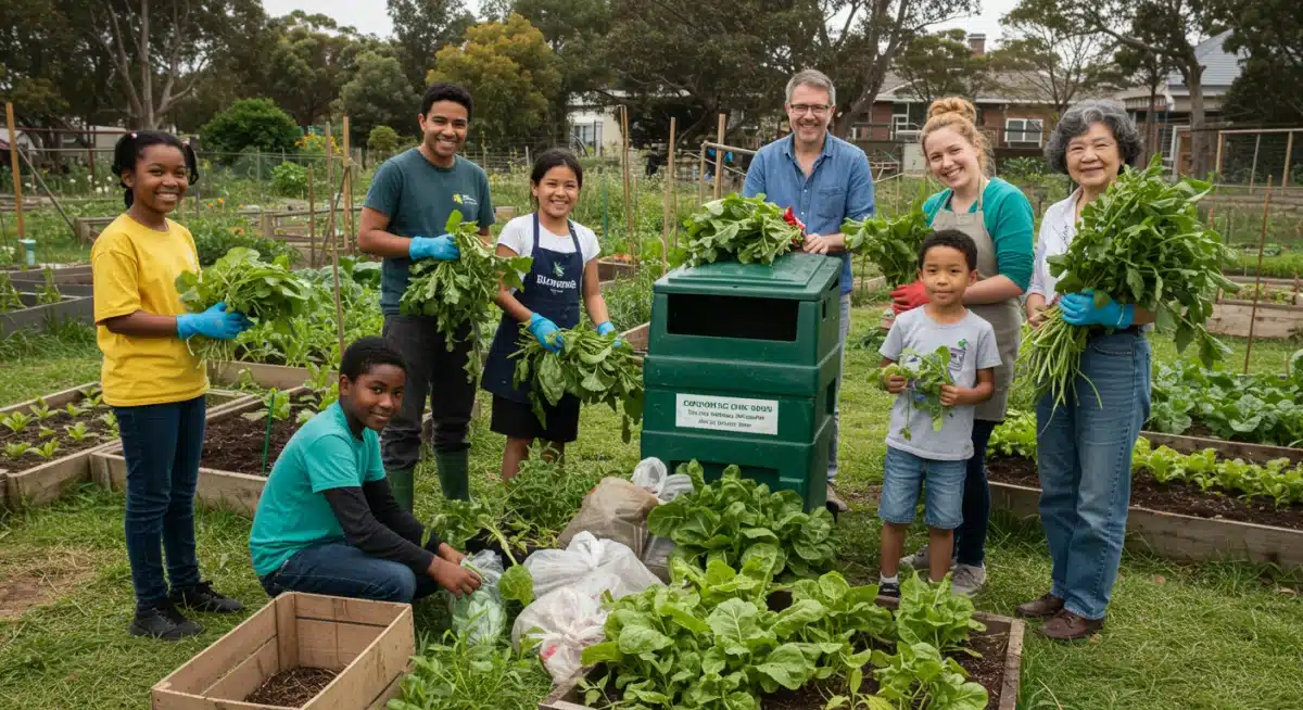 Comunidade engajada em um jardim, realizando compostagem de resíduos orgânicos e plantio de alimentos, ilustrando a aplicação prática da bioeconomia circular em projetos sociais.