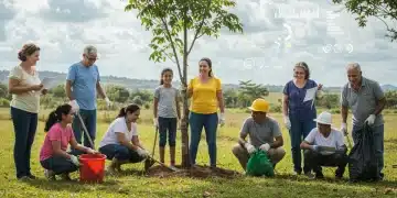 Comunidade brasileira engajada em projeto social, simbolizando impacto e avaliação de resultados.