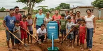 Comunidade engajada na construção de projeto de saneamento básico, com crianças e adultos colaborando.