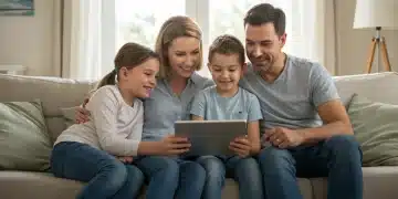 Família feliz em casa com a conta de luz reduzida pela Tarifa Social de Energia Elétrica 2026