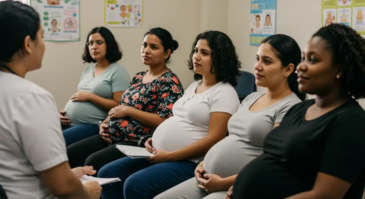 Grupo de gestantes participando de aula pré-natal, recebendo informações e apoio em um centro comunitário.