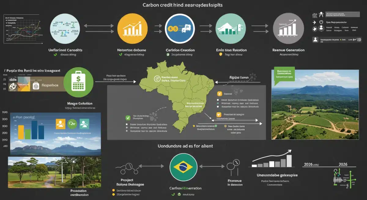 Infográfico detalhado explicando o ciclo dos créditos de carbono, desde a geração até a comercialização e o impacto financeiro em projetos de conservação ambiental no Brasil.