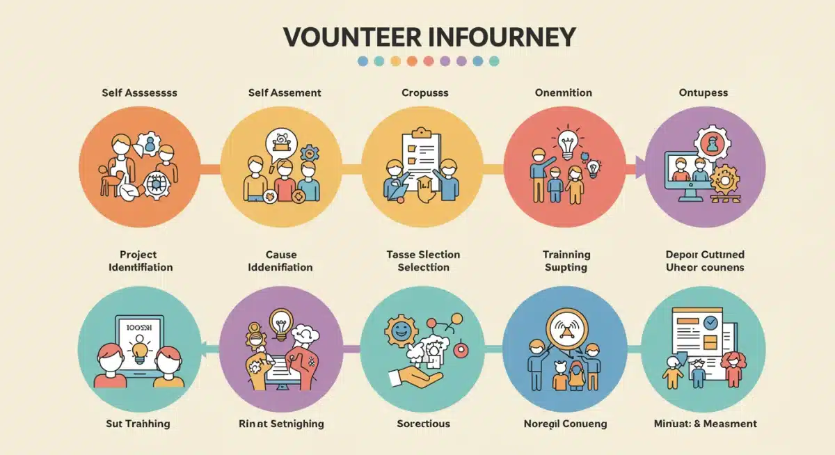 Infográfico detalhado da jornada do voluntário, desde a escolha da causa até a medição do impacto, com ícones e dados.