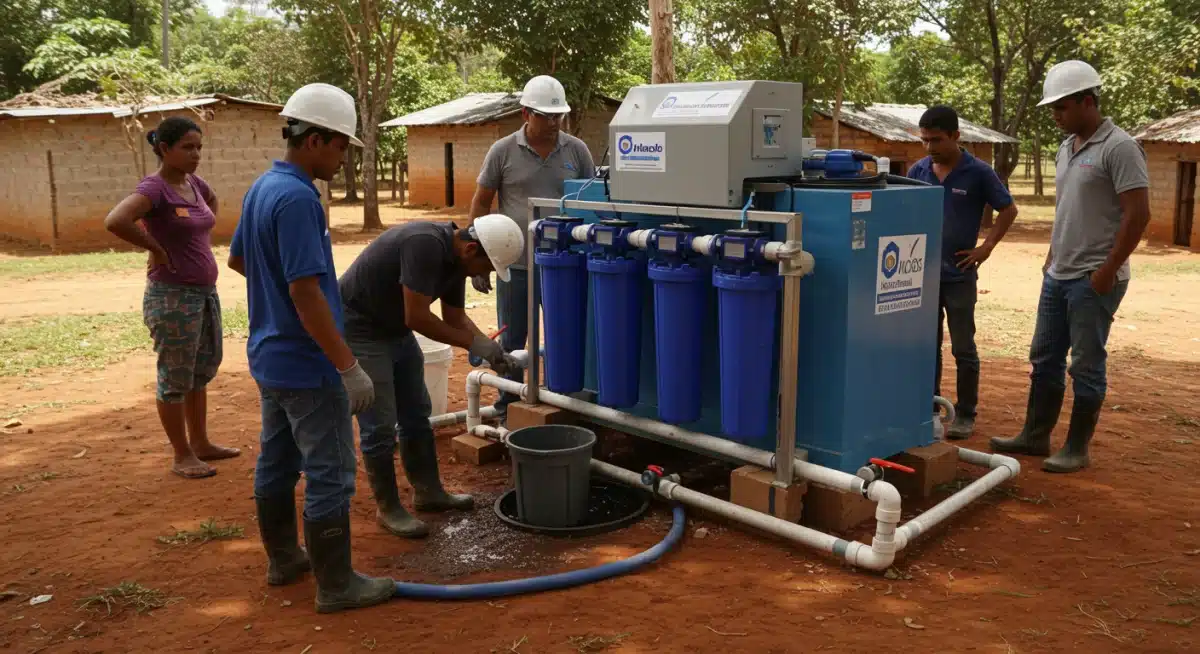 Detalhe de sistema de tratamento de esgoto simplificado sendo instalado em comunidade carente.