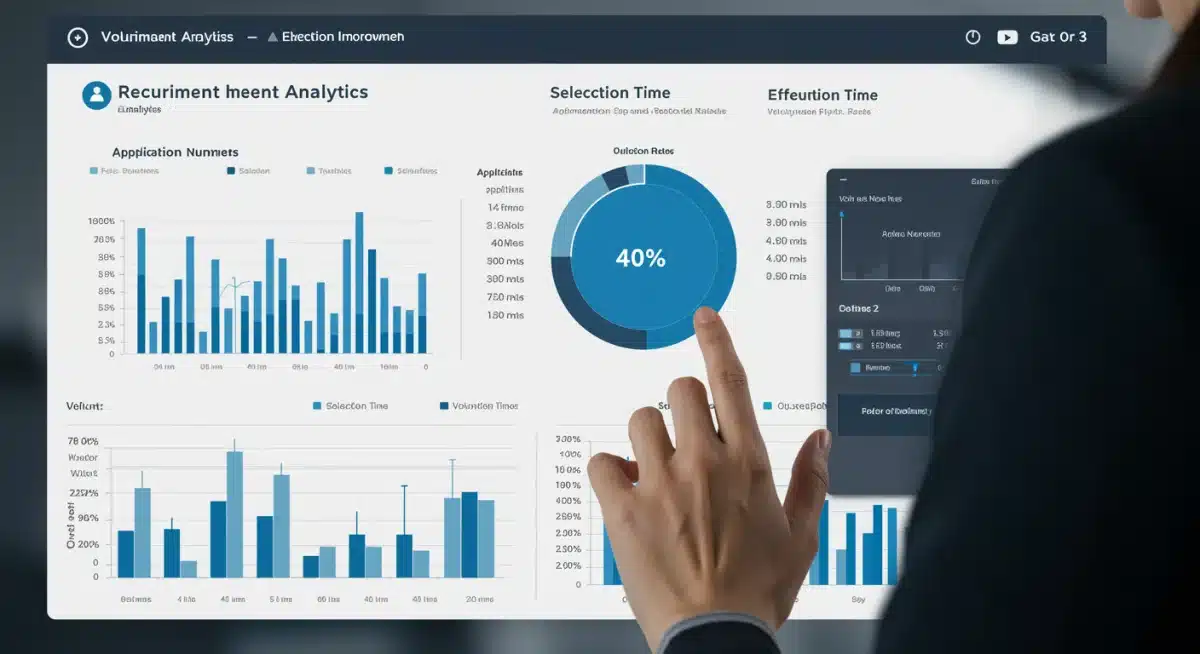 Painel digital de análise de recrutamento de voluntários, exibindo métricas de eficiência e redução do tempo de seleção.