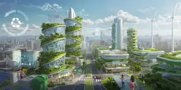 Paisagem urbana futurista do Brasil em 2026 com elementos de economia circular e sustentabilidade