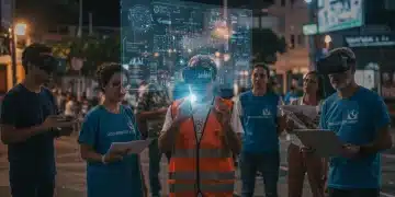 Voluntários de diferentes gerações colaborando com tecnologia avançada para projetos sociais em 2026 no Brasil.