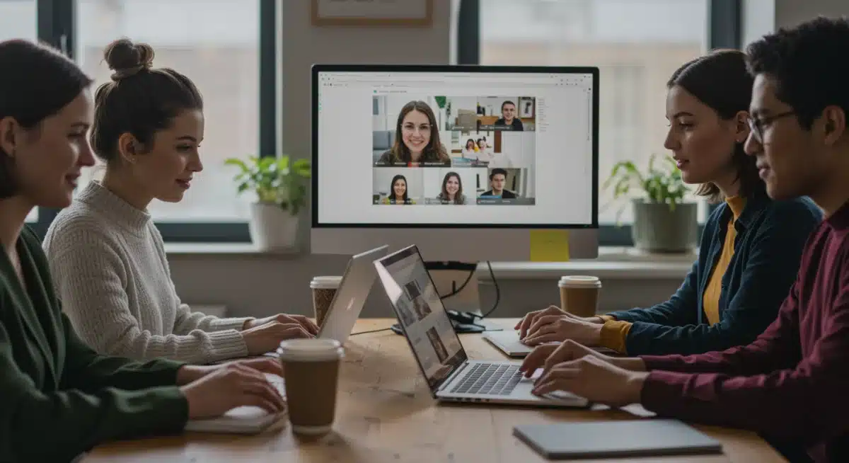 Pessoas participando de voluntariado virtual e flexível, utilizando tecnologia para colaboração digital.
