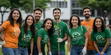 Voluntários engajados em projeto comunitário no Brasil pós-2025, simbolizando inovação e impacto social.