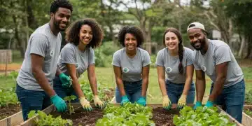 Voluntários diversos trabalhando juntos em um jardim comunitário, simbolizando a colaboração e o impacto social de ONGs no Brasil.