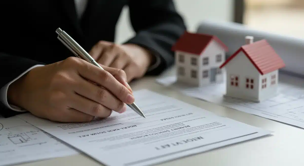 Mão assinando contrato de financiamento imobiliário com subsídio, representando a concretização do sonho da casa própria.