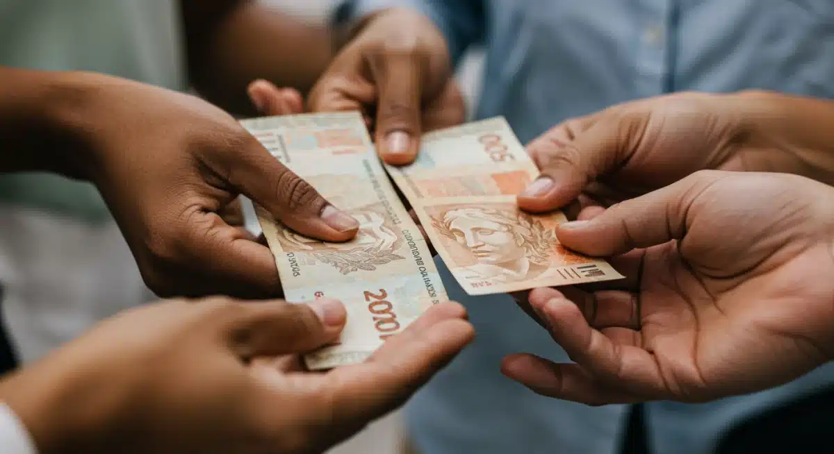 Mãos trocando dinheiro, simbolizando o auxílio financeiro de R$ 500 concedido pelos programas de inclusão produtiva.