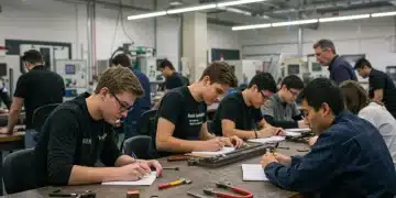 Jovens adultos participando ativamente de um programa de capacitação profissional, com foco em habilidades práticas e desenvolvimento.