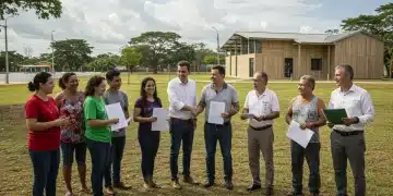 Pessoas de uma comunidade, representantes do governo e da iniciativa privada colaborando em um projeto social, simbolizando Parcerias Público-Privadas.