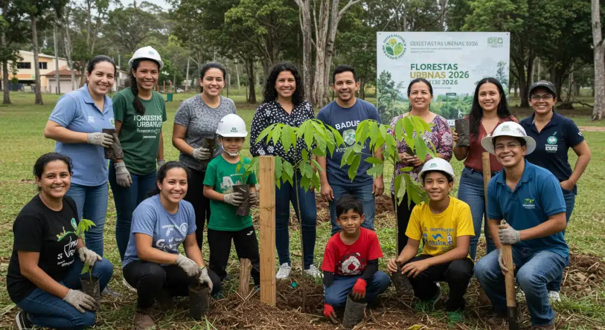 Comunidade participando ativamente de um projeto de plantio de árvores em uma floresta urbana brasileira, com crianças e adultos engajados.