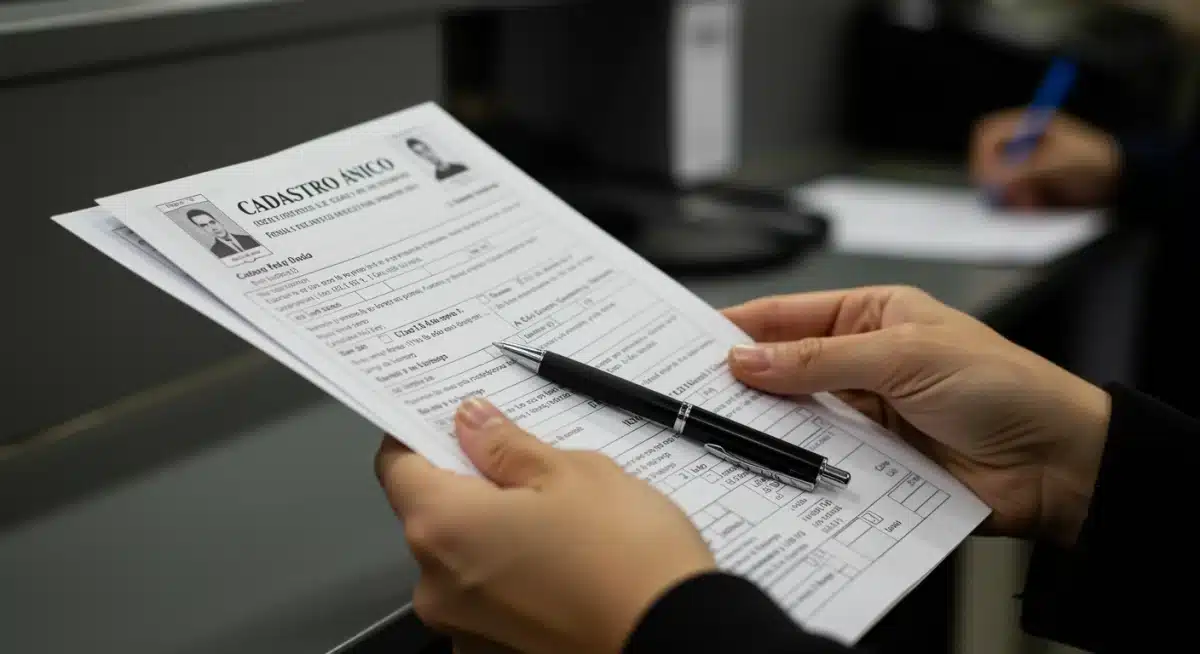 Documentos e caneta sobre uma mesa, representando a importância da documentação para a atualização do CadÚnico.