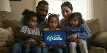 Família brasileira atualizando o CadÚnico 2026 em tablet, garantindo acesso a benefícios sociais.