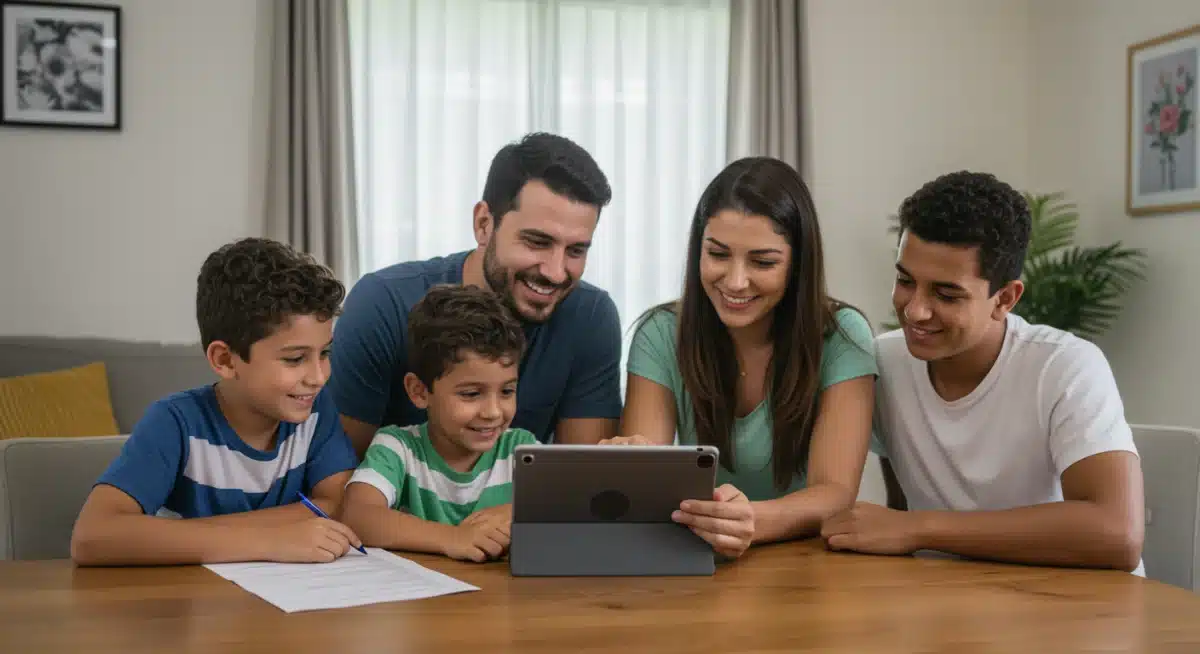 Família brasileira discutindo planejamento financeiro, resultado do acesso a recursos e oportunidades via voluntariado.