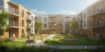 Famílias felizes em frente a um moderno conjunto habitacional, simbolizando o acesso à moradia digna e a realização do sonho da casa própria em 2026.