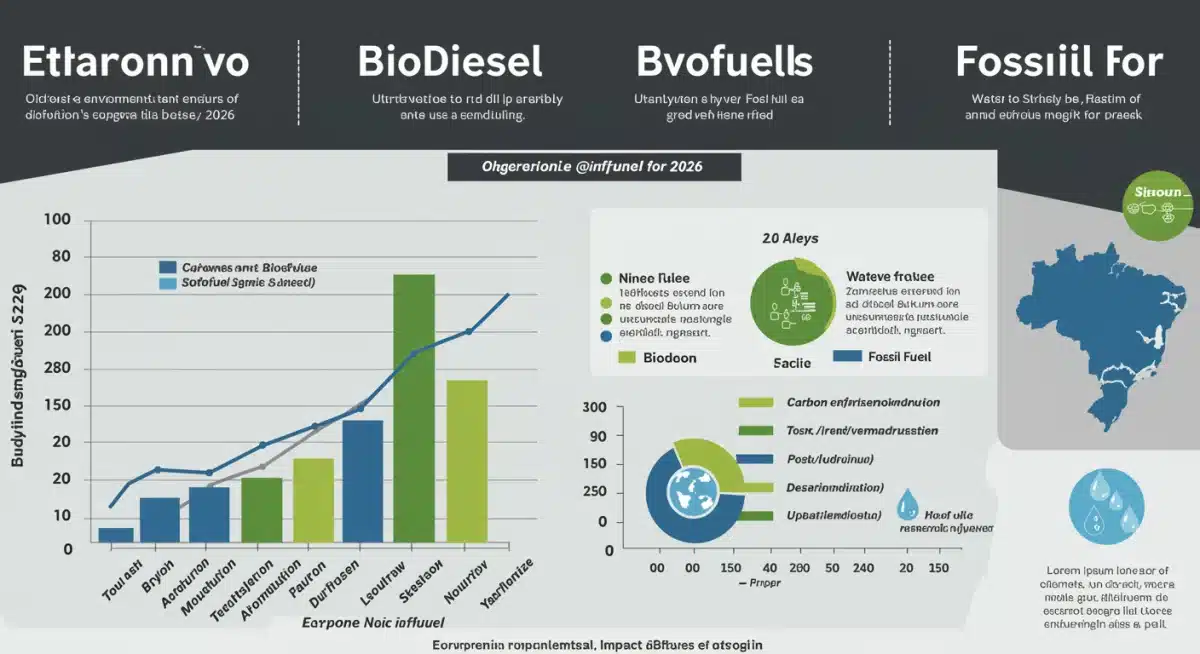Infográfico comparativo do impacto ambiental de biocombustíveis versus combustíveis fósseis no Brasil em 2026, destacando redução de emissões.