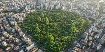 Vista aérea de uma metrópole brasileira em 2026 com vastas florestas urbanas e ar mais limpo, simbolizando a melhoria da qualidade do ar.