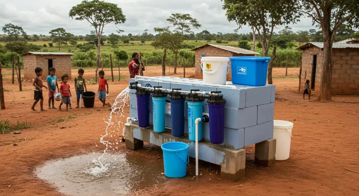 Sistema modular de tratamento de água de baixo custo em funcionamento em uma comunidade rural.