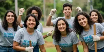 Jovens da Geração Z participando ativamente de um projeto de voluntariado comunitário no Brasil, com sorrisos e engajamento.