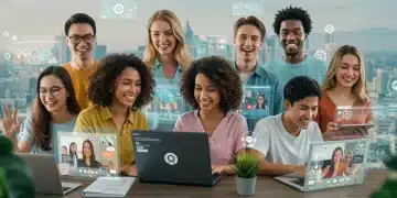 Pessoas diversas colaborando em voluntariado online com laptops e tablets, sorrindo e engajadas em atividades virtuais, com fundo futurista.