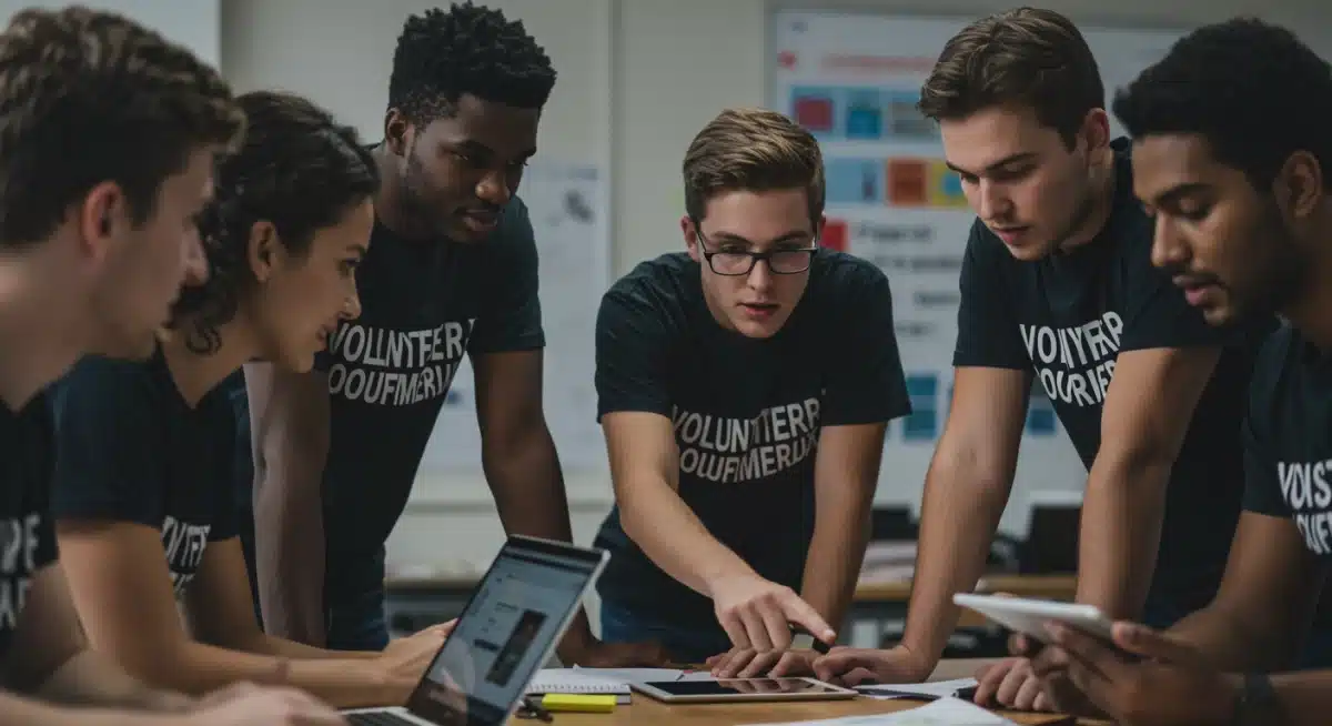 Jovens voluntários colaborando em projeto digital social