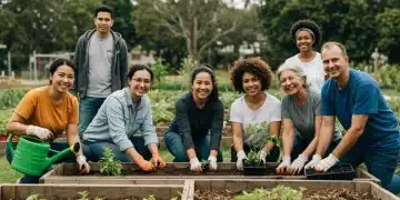Voluntários engajados em projeto comunitário de jardinagem em 2026
