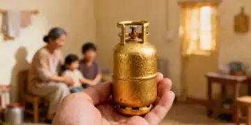 Mão segurando miniatura de botijão de gás com família ao fundo, simbolizando o Auxílio Gás.