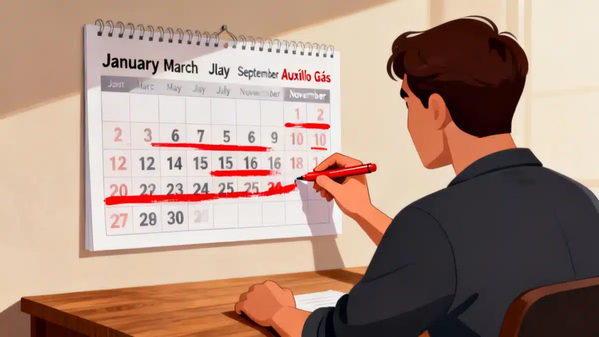 Pessoa marcando datas em um calendário, simbolizando o calendário de pagamentos bimestrais do Auxílio Gás.
