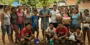 Pessoas diversas colaborando em projeto comunitário, simbolizando impacto social mensurável e transformação.